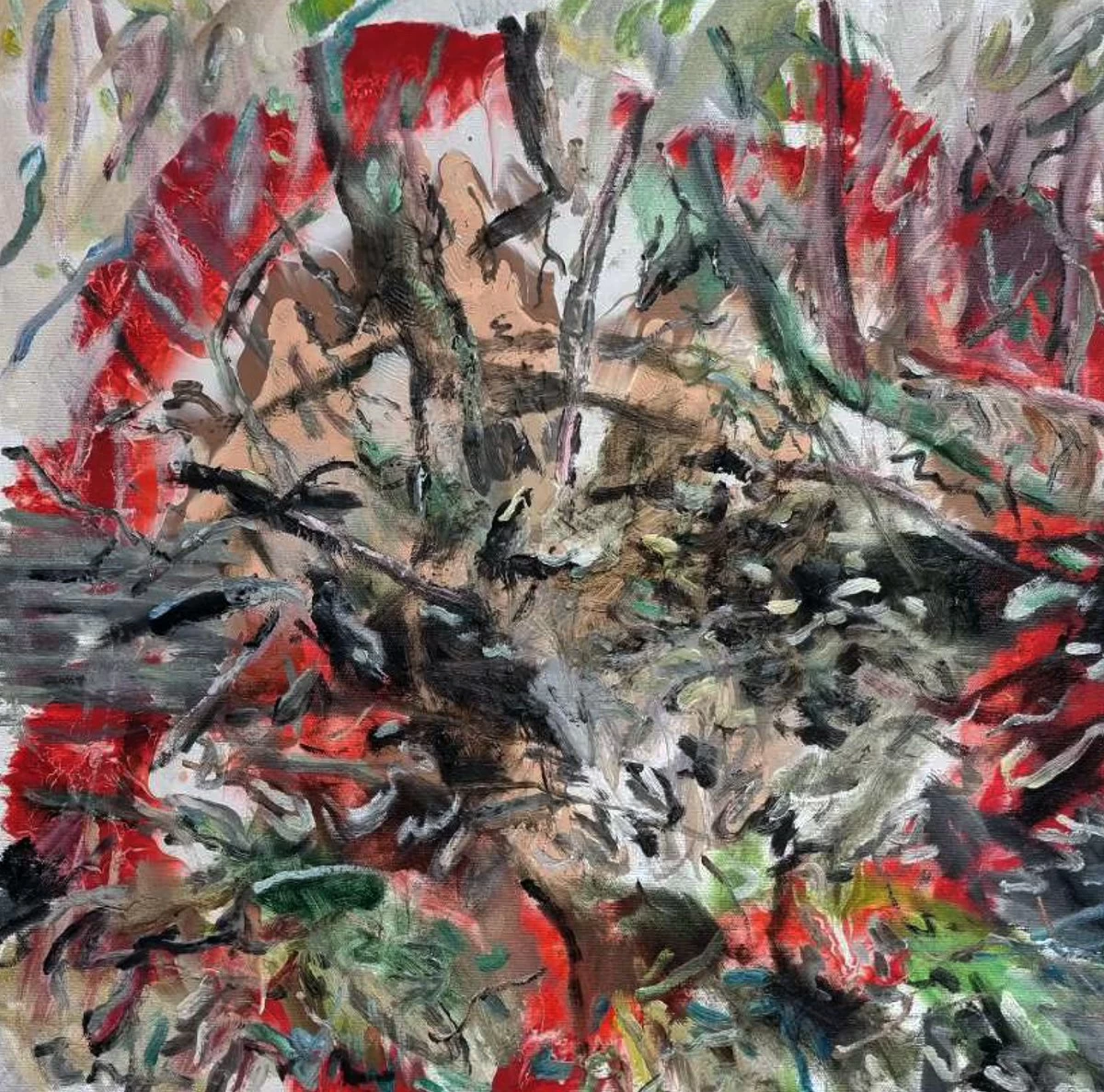 'DESTITUTE CALM,' enamel, pastel and oil on canvas, 30x30 inches, Ernest Concepcion and Ana Verayo, 2026
