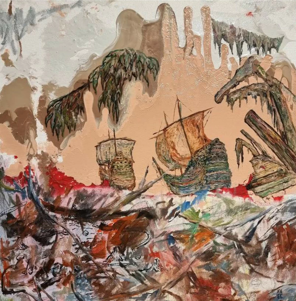 'INSULARES PENINSULARES,'  enamel, oil, and graphite on canvas, 24x24 inches, Ernest Concepcion and Ana Verayo, 2026