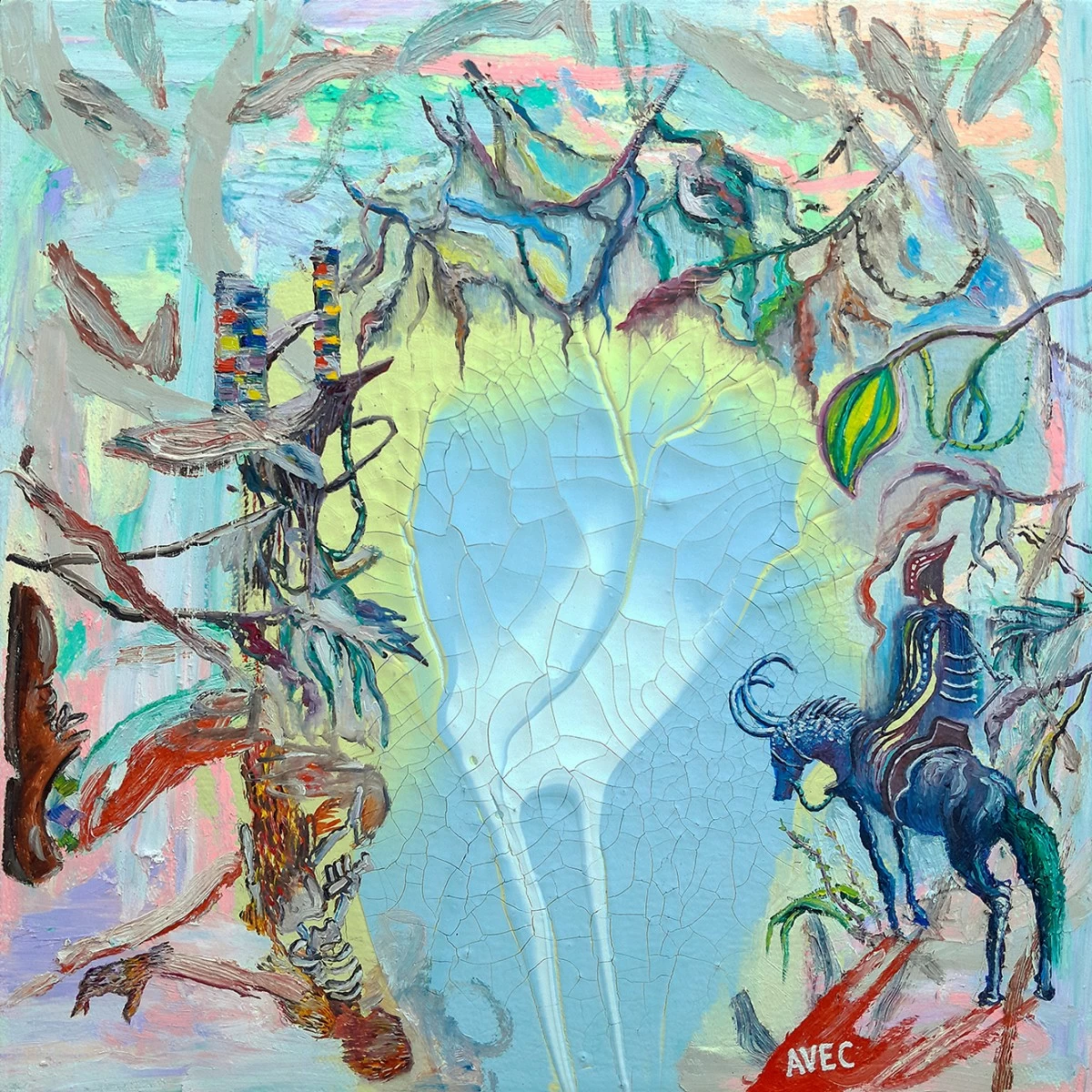 'LOWER MISTY HOP,' enamel, pastel, and oil on canvas, 12x12 inches, Ernest Concepcion and Ana Verayo, 2026