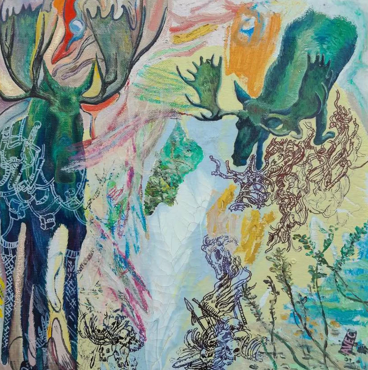 'MOOSE GRILL,' enamel, pastel and oil on canvas, 12x12 inches, Ernest Concepcion and Ana Verayo, 2026