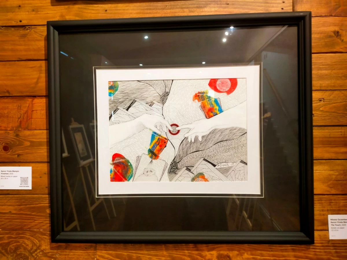THE TOUCH A collaborative work by Aaron Virata Mempin and Nikolai Quiambao reimagines Michelangelo’s 'Creation of Adam,' combining Quiambao’s classical inspiration with Mempin’s signature geometric abstractions (Photo: Aaron Mempin)