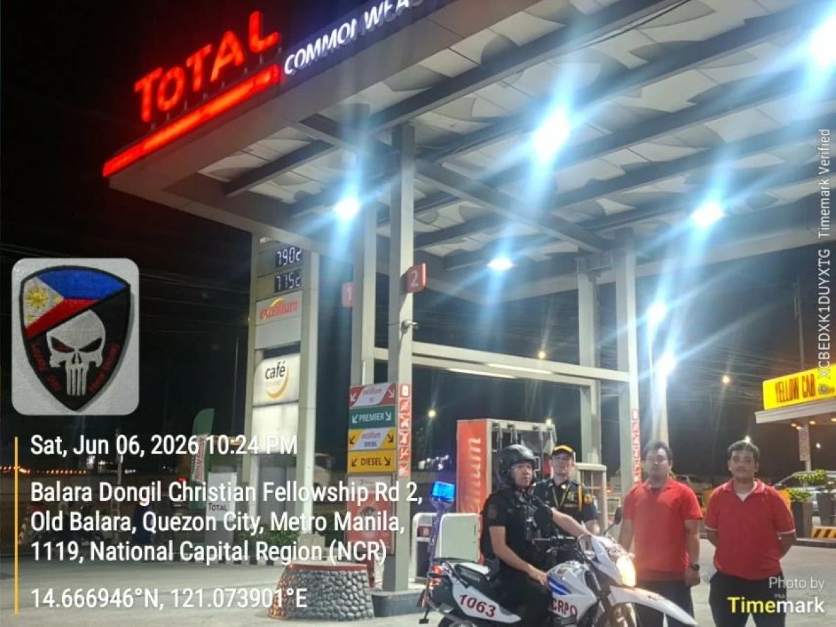 Personnel of the Quezon City Police District (QCPD) conduct an inspection and monitoring visit at a TOTAL gasoline station in Quezon City as part of the district’s safety operation under its Target Hardening Program on June 6, 2026. (Photo courtesy of QCPD)