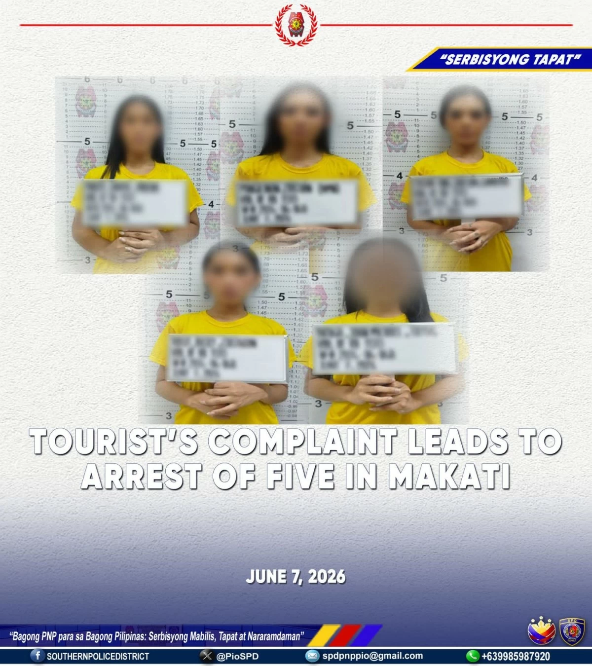 Five suspects arrested after a foreign tourist reported an alleged harassment incident in Barangay Poblacion, Makati City on June 7. (Photo from Southern Police District)