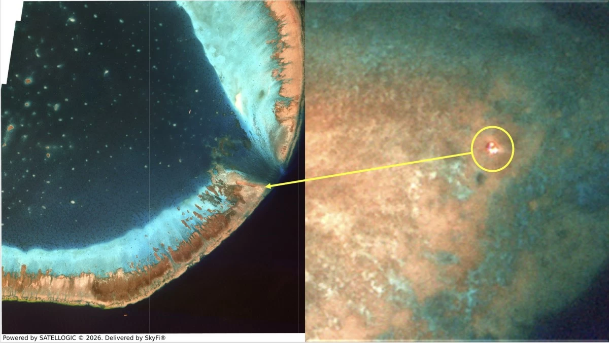 Commercial satellite imagery captured on May 28, 2026 by Satellogic and Sealight shows a small, reflective object near the lagoon entrance of Bajo de Masinloc (Scarborough or Panatag Shoal) in the West Philippine Sea. (Courtesy of Slight via Ray Powell / X (formerly Twitter)