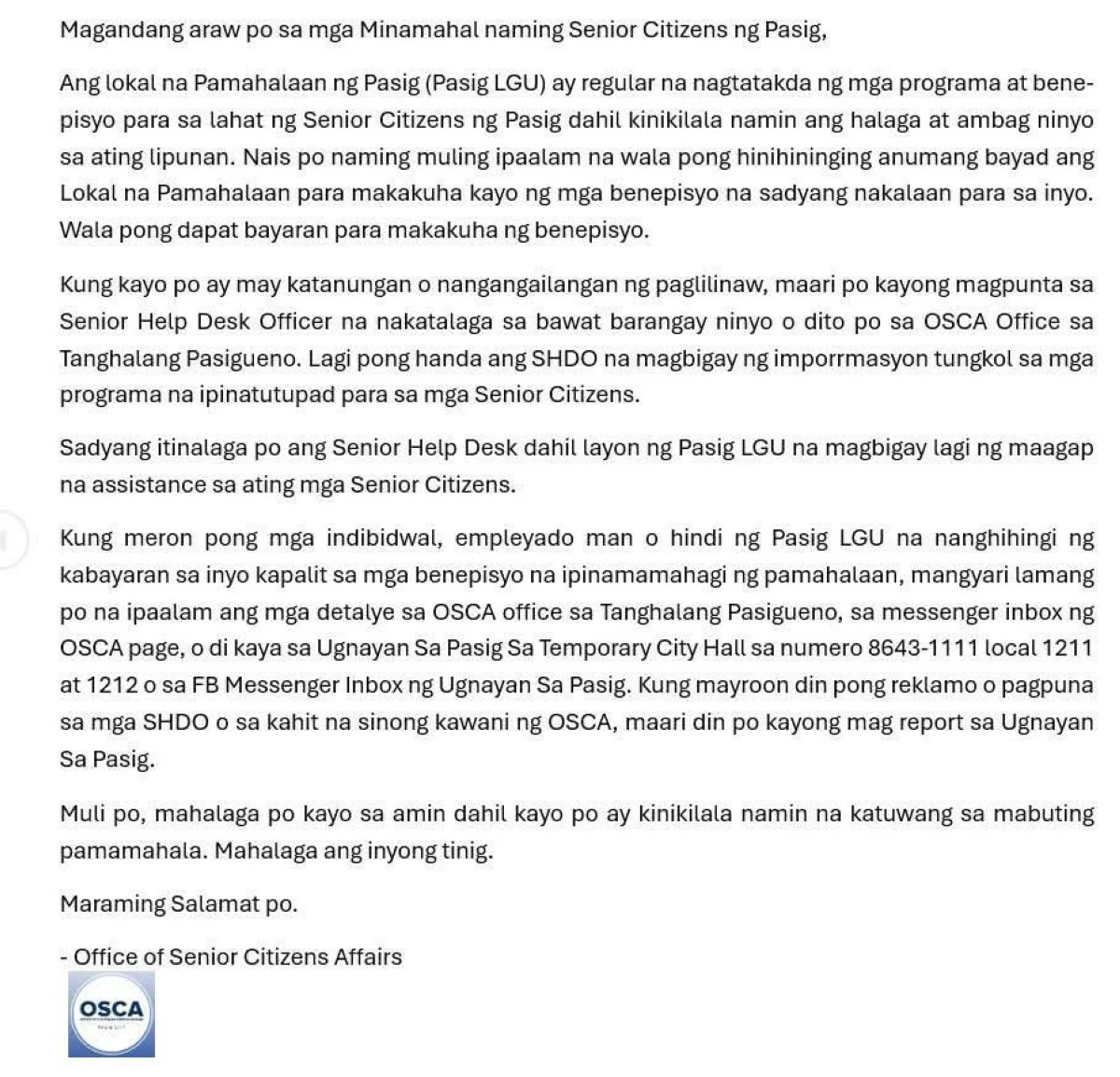 Pasig OSCA releases a statement reminding senior citizens that no payment or fees are required to receive benefits intended for them, and urging the public to report individuals who ask for payment. (Photo from Pasig OSCA)