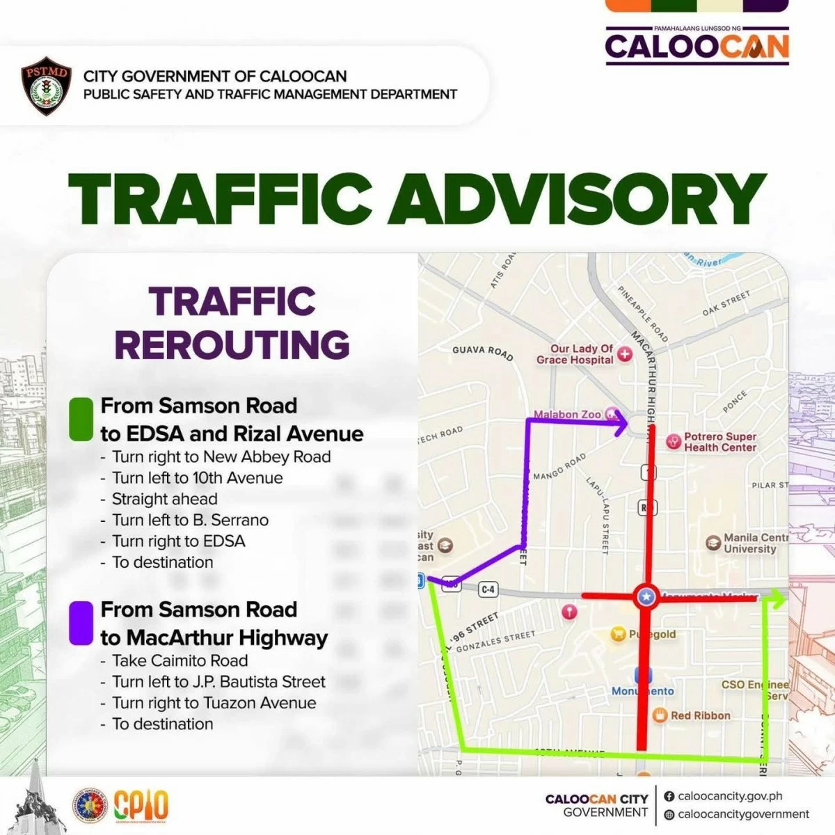 The Caloocan City government released traffic rerouting schemes for motorists affected by the temporary road closures near Monumento Circle during the 128th Independence Day event. (Photos from Caloocan LGU)
