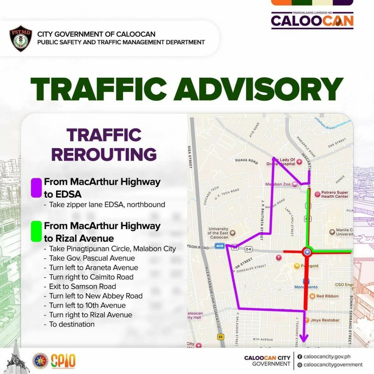 The Caloocan City government released traffic rerouting schemes for motorists affected by the temporary road closures near Monumento Circle during the 128th Independence Day event. (Photos from Caloocan LGU)