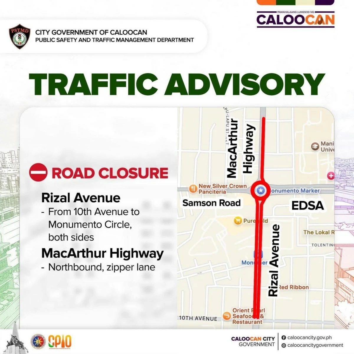 The Caloocan City government announced temporary road closures along Rizal Avenue, EDSA, Samson Road, and MacArthur Highway for the 128th Independence Day event from 10 p.m. on June 11 to 12 noon on June 12. (Photos from Caloocan LGU)