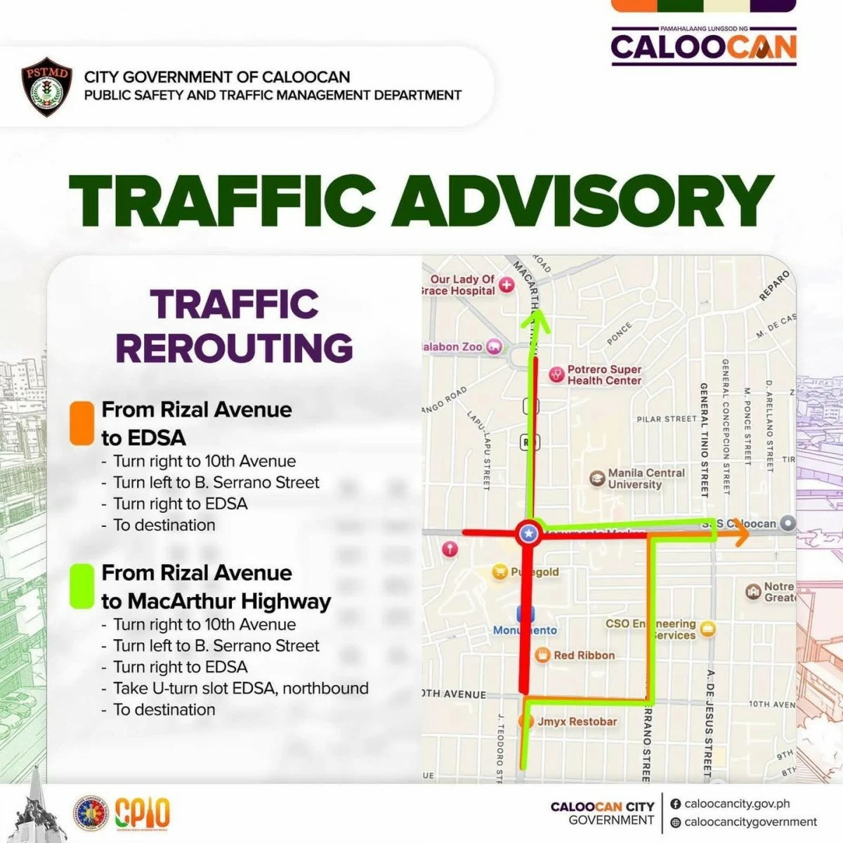 The Caloocan City government released traffic rerouting schemes for motorists affected by the temporary road closures near Monumento Circle during the 128th Independence Day event. (Photos from Caloocan LGU)