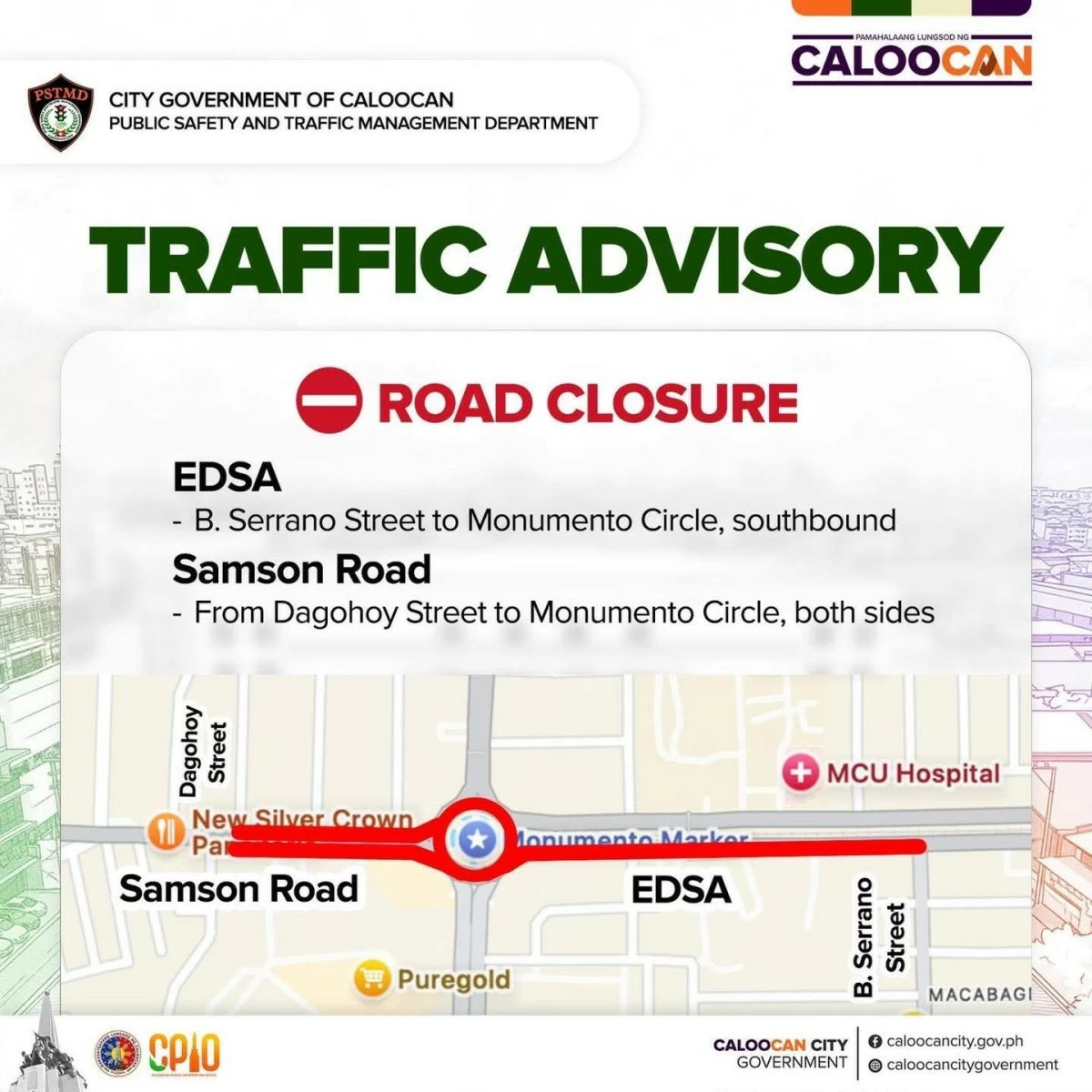 The Caloocan City government announced temporary road closures along Rizal Avenue, EDSA, Samson Road, and MacArthur Highway for the 128th Independence Day event from 10 p.m. on June 11 to 12 noon on June 12. (Photos from Caloocan LGU)