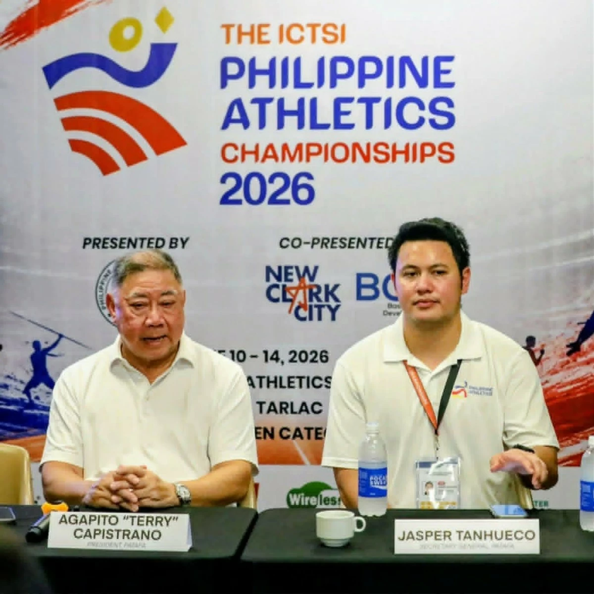 Philippine Athletics president Terry Capistrano (left) and secretary general Jasper Tanhueco explain the addition of age group categories at the ICTSI Philippine Athletic Championships presented by the Philippine Sports Commission.