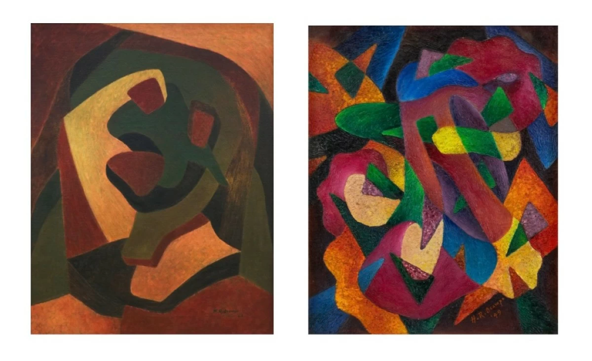 At Salcedo Auctions June 6 sale, H.R. Ocampo’s “A-53” (mother and child), left, and “Arabesque” (left) closed at P7,592,000 and P9,928,000, respectively. (Photo: Salcedo Auctions)