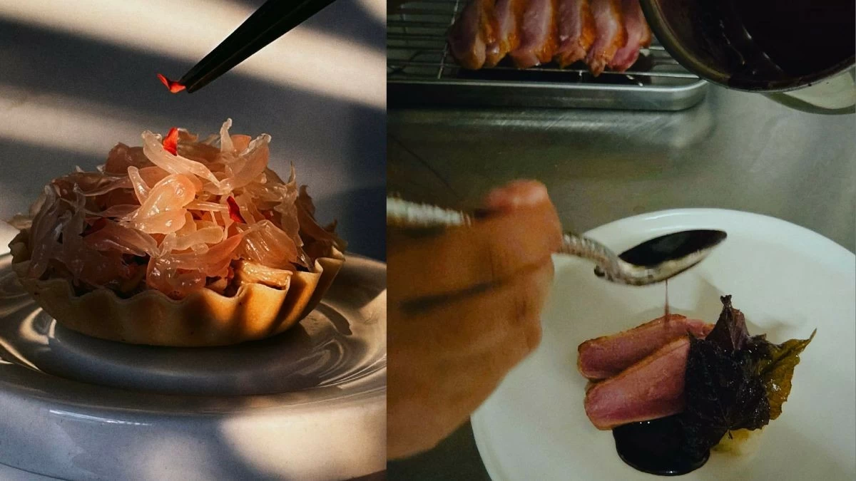 SOUR POWER (Left) Sipit Pomelo pairs Mindoro crab with fermented pomelo, toasted whey and Malabon patis for a bright and nuanced opening course. (Right) Pato Gumamela brings together dry-aged duck breast, gumamela jus, crispy malagkit and kamote tops, showcasing Bakuran Tasting Club’s deft touch with richness and acidity. (Photo: Bakuran Tasting Club)