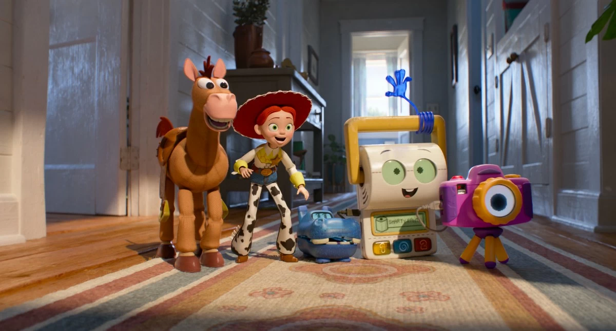 (L-R): Bullseye, Jessie, Atlas, Smarty Pants, and Snappy in Disney and Pixar's TOY STORY 5. Photo courtesy of Pixar. © 2026 Disney/Pixar.  All Rights Reserved.