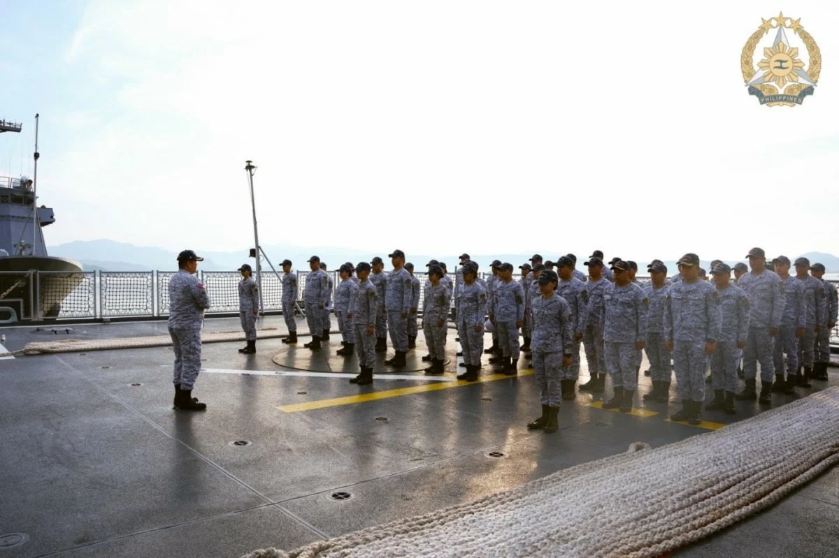 Philippine Navy personnel aboard BRP Diego Silang (FFG7) stand in formation as Capt. John Percie Alcos, the Commanding Officer, presides over the pre-departure muster, ensuring personnel readiness before the ship gets underway for the PH-US Bilateral Maritime Cooperative Activity in the West Philippine Sea. (Photo: Armed Forces of the Philippines)