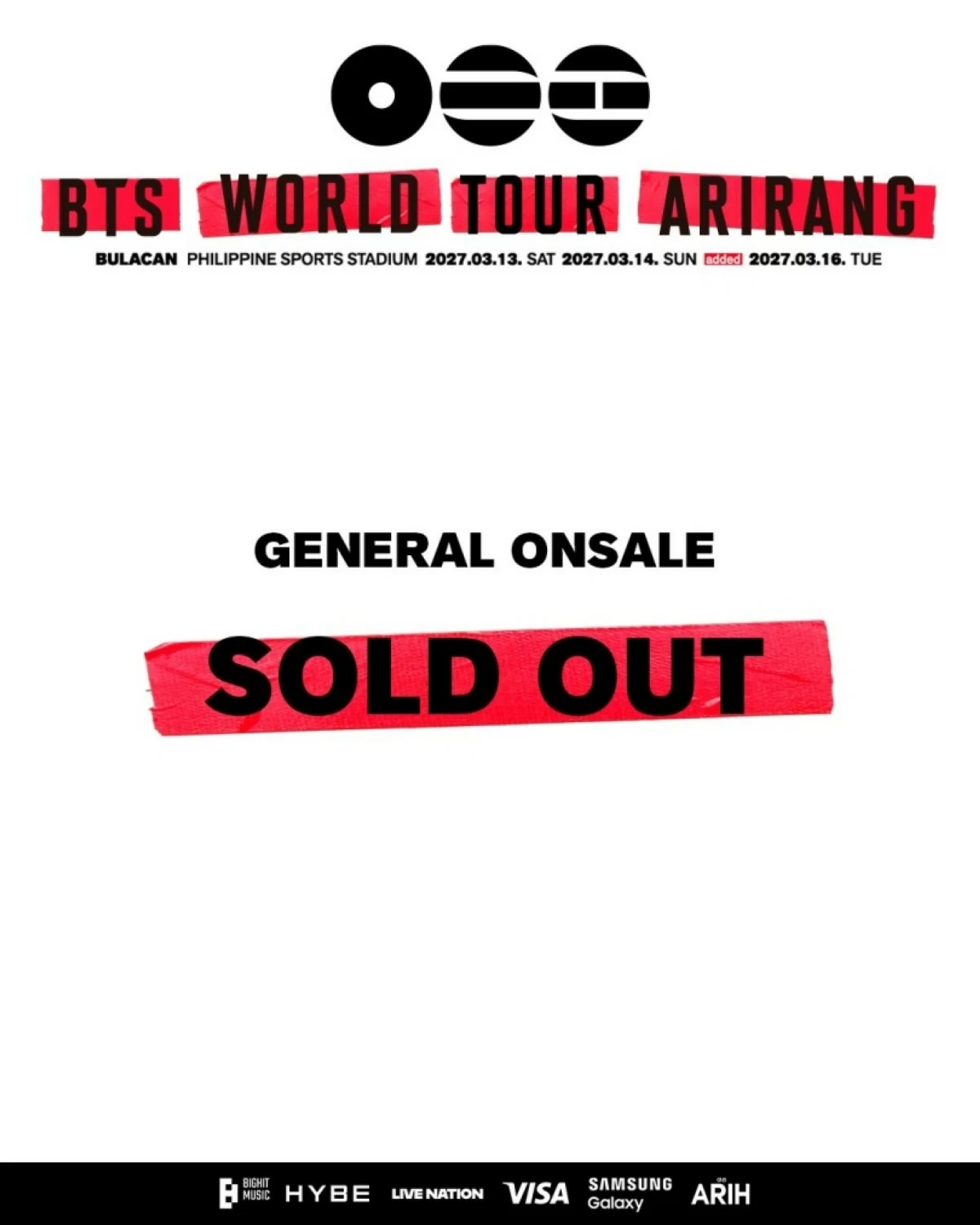 Tickets to the March 16, 2027 concert of BTS are sold out (Live Nation Philippines) 