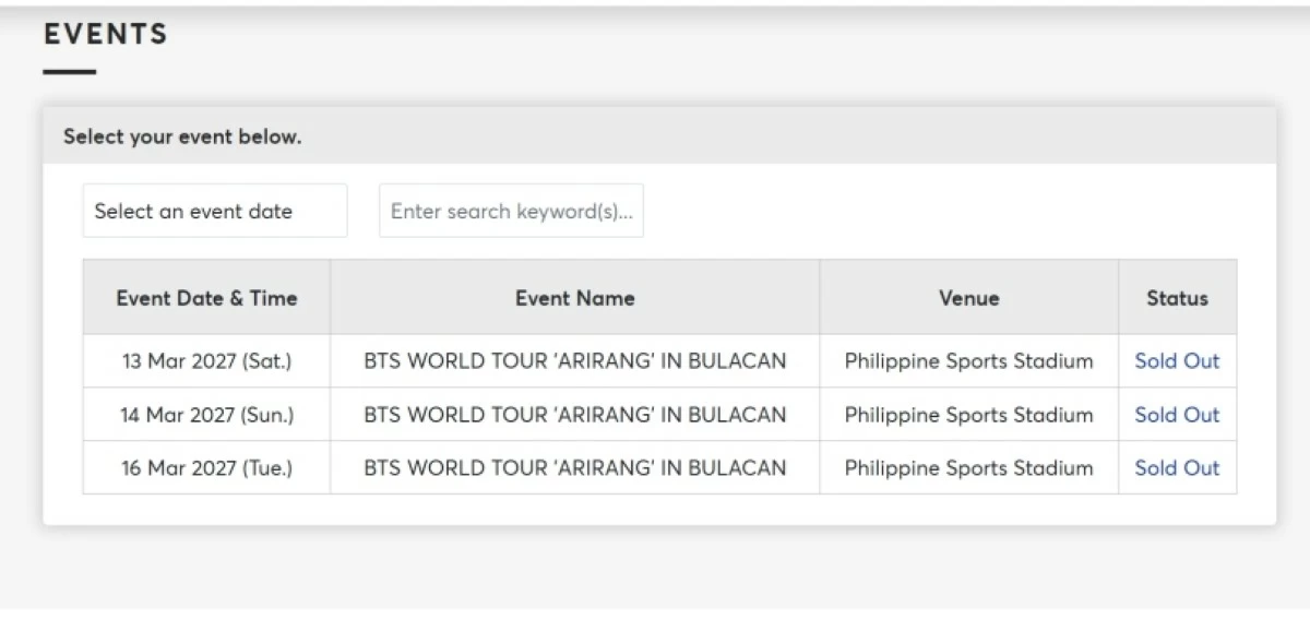 Tickets to the March 13, 14 and 16, 2027 concerts of BTS in Bulacan next year are sold out (Ticketmaster Philippines) 