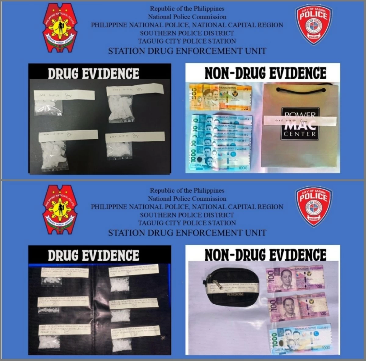 The shabu seized is presented by the Taguig police after buy-bust operations in Barangay Lower Bicutan on June 19 (Photos from Taguig police / SPD)