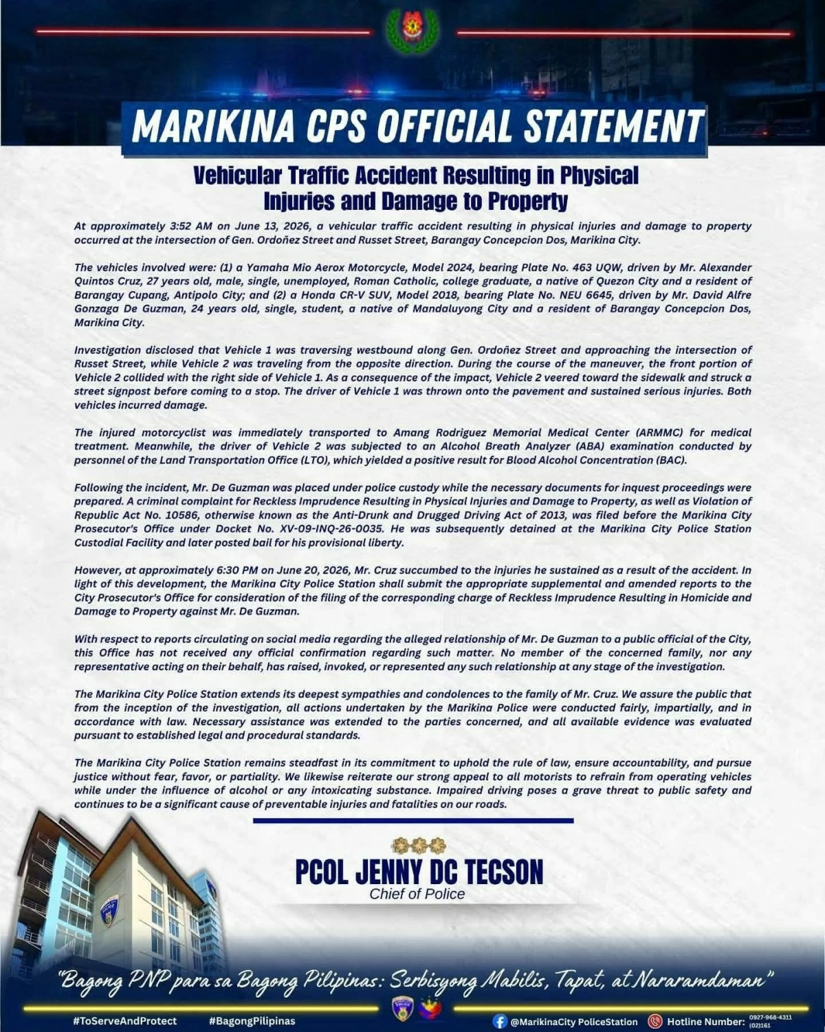 The Marikina City Police Station releases a statement on a vehicular accident that leads to the death of a 27-year-old rider days after the crash.  (Photo from Marikina CPS/Facebook)