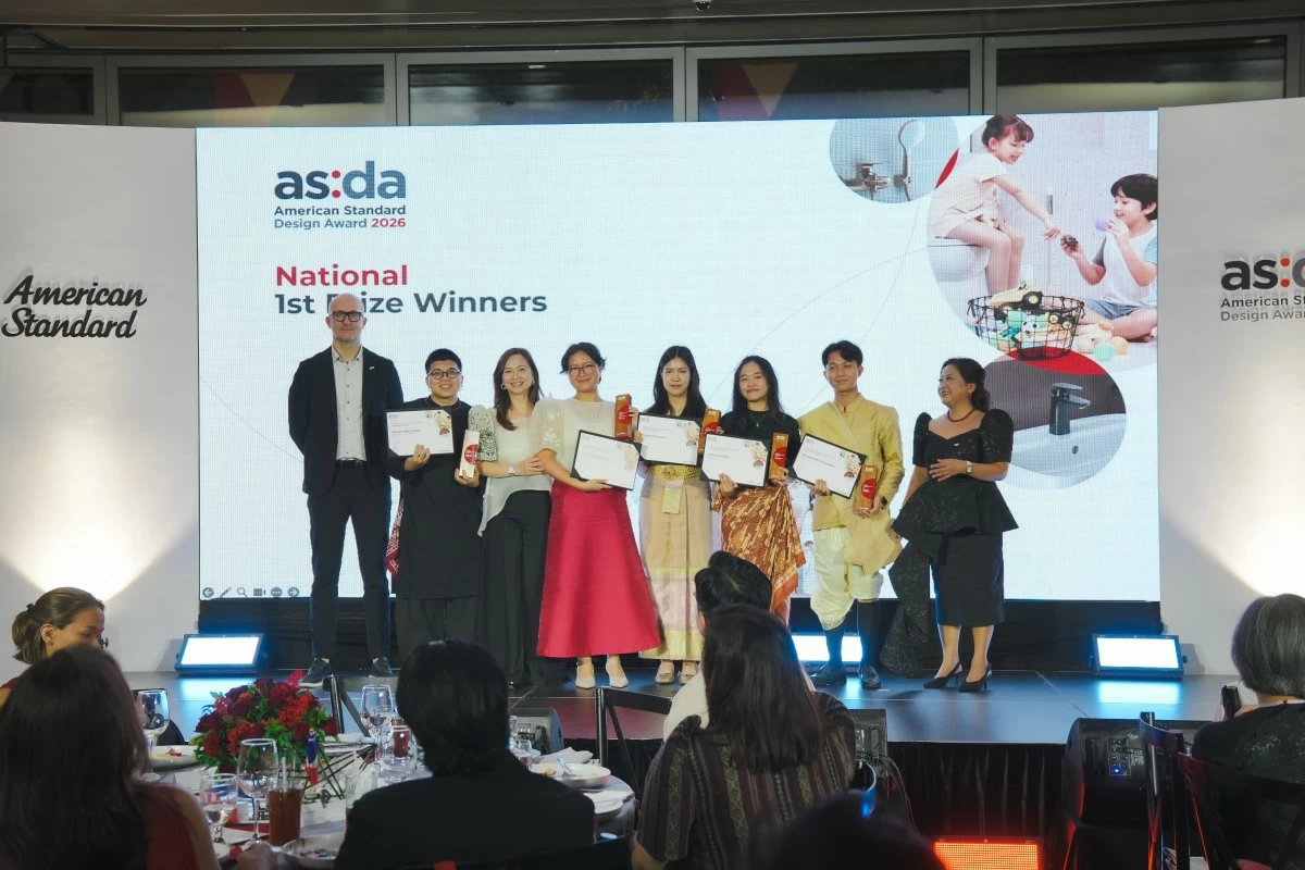 National first-prize winners Nguyen Ngoc Chung of Vietnam, Patricia Danielle Malijan of the Philippines, Jinjuta Chomputsa of Thailand, Gabriel Procellia of Indonesia, and Bounpaserth Mienglavanh of Indochina are recognized during the ASDA competition, alongside Antoine Besseyre des Horts, Audrey Yeo, and Liz Cancino. (Photo: American Standard)