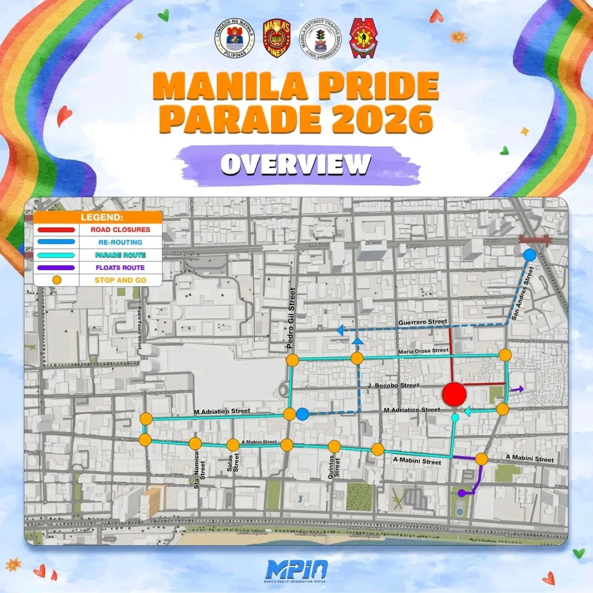 The Manila city government releases an overview map showing the road closures, rerouting, parade route, float route, and stop-and-go traffic points for the Manila Pride Parade 2026. (Photo from Manila PIO)
