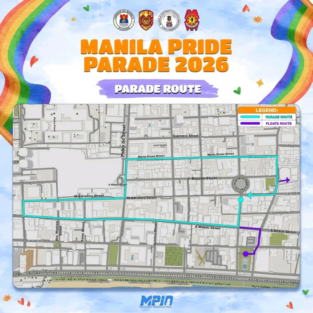 The official parade and float routes for the Manila Pride Parade 2026, which will be held in Malate on Saturday, June 27. (Photo from Manila PIO)