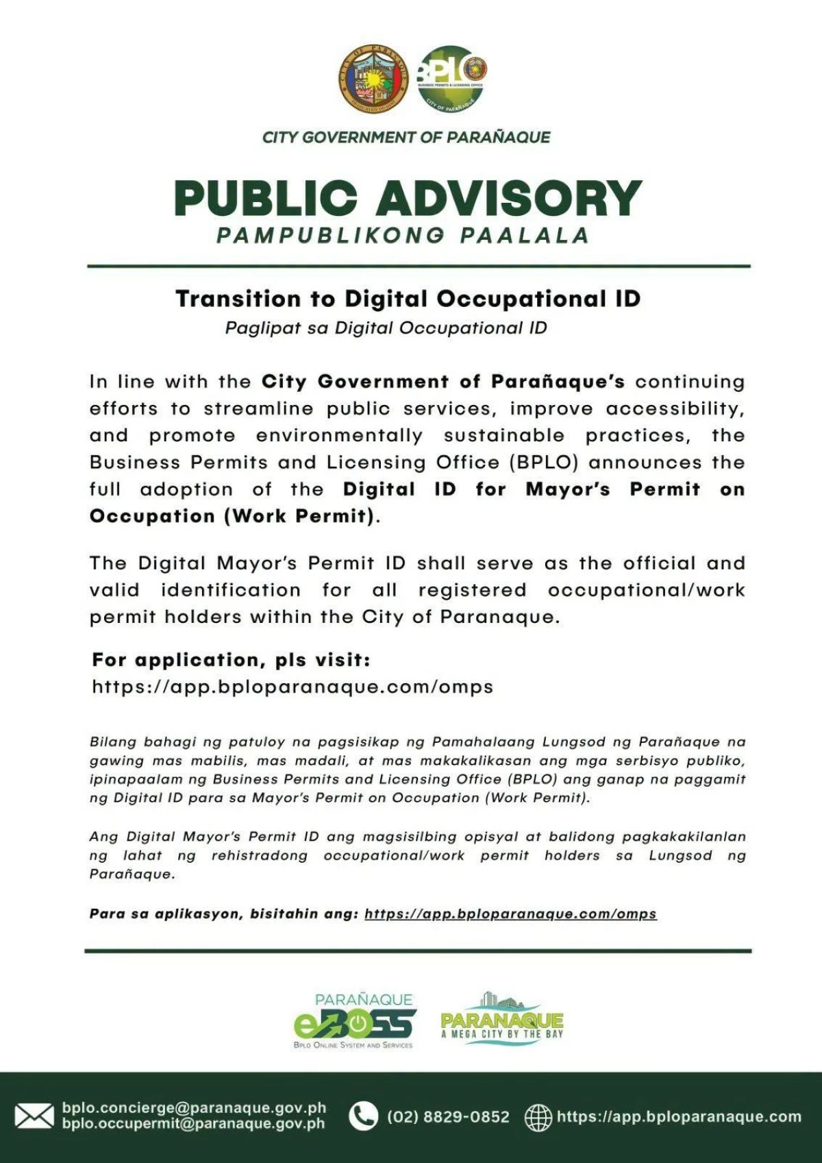 Advisory issued by the Parañaque Business Permit and Licensing Office (BPLO) announcing the city's transition to the Digital Mayor's Permit ID for occupational/work permit holders. (Photo courtesy of the Parañaque PIO)