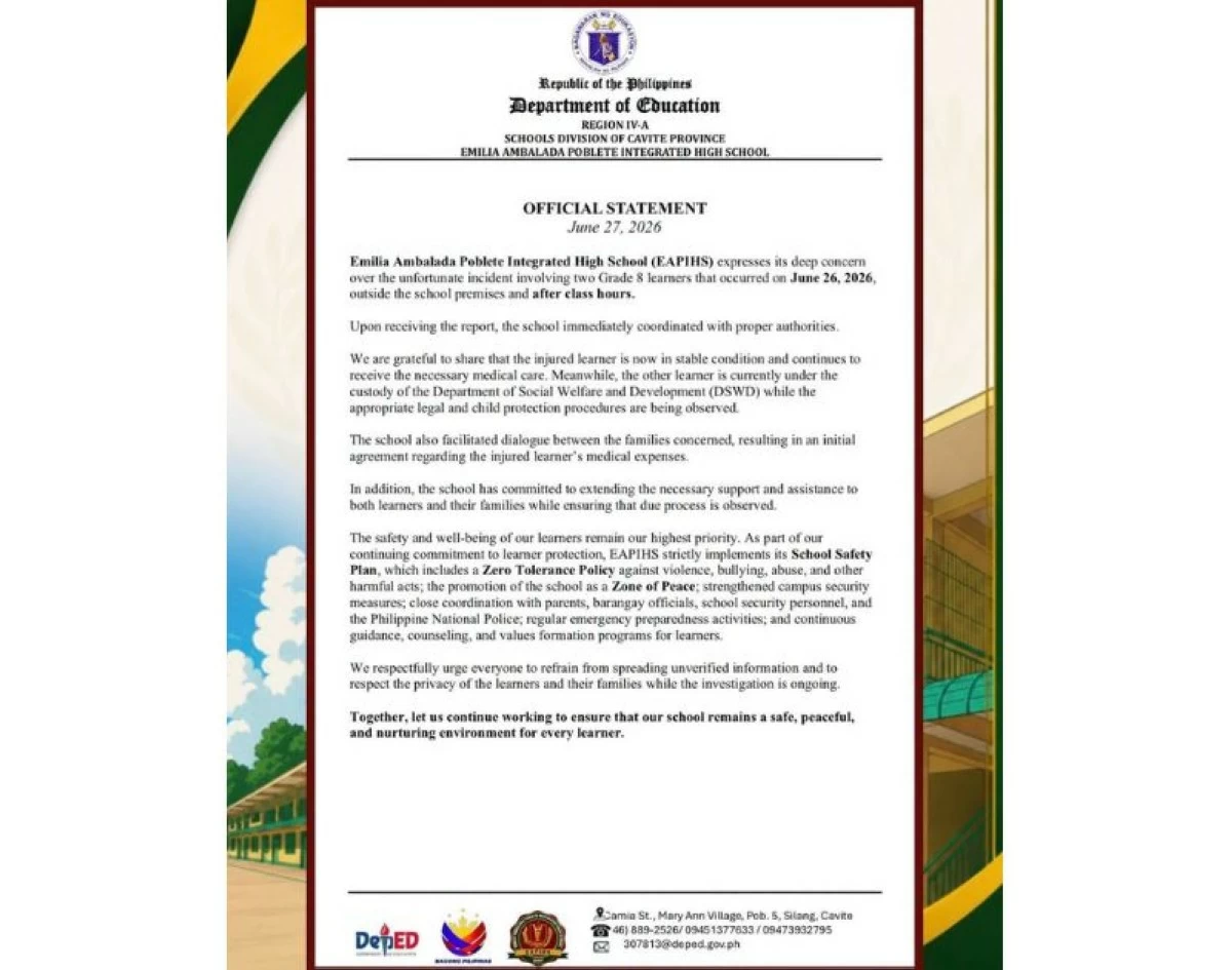 Official statement of Emilia Ambalada Poblete Integrated High School about the stabbing incident involving its two Grade 8 learners on June 26, 2026 (Image from EAPIHS's Facebook page/MANILA BULLETIN)
