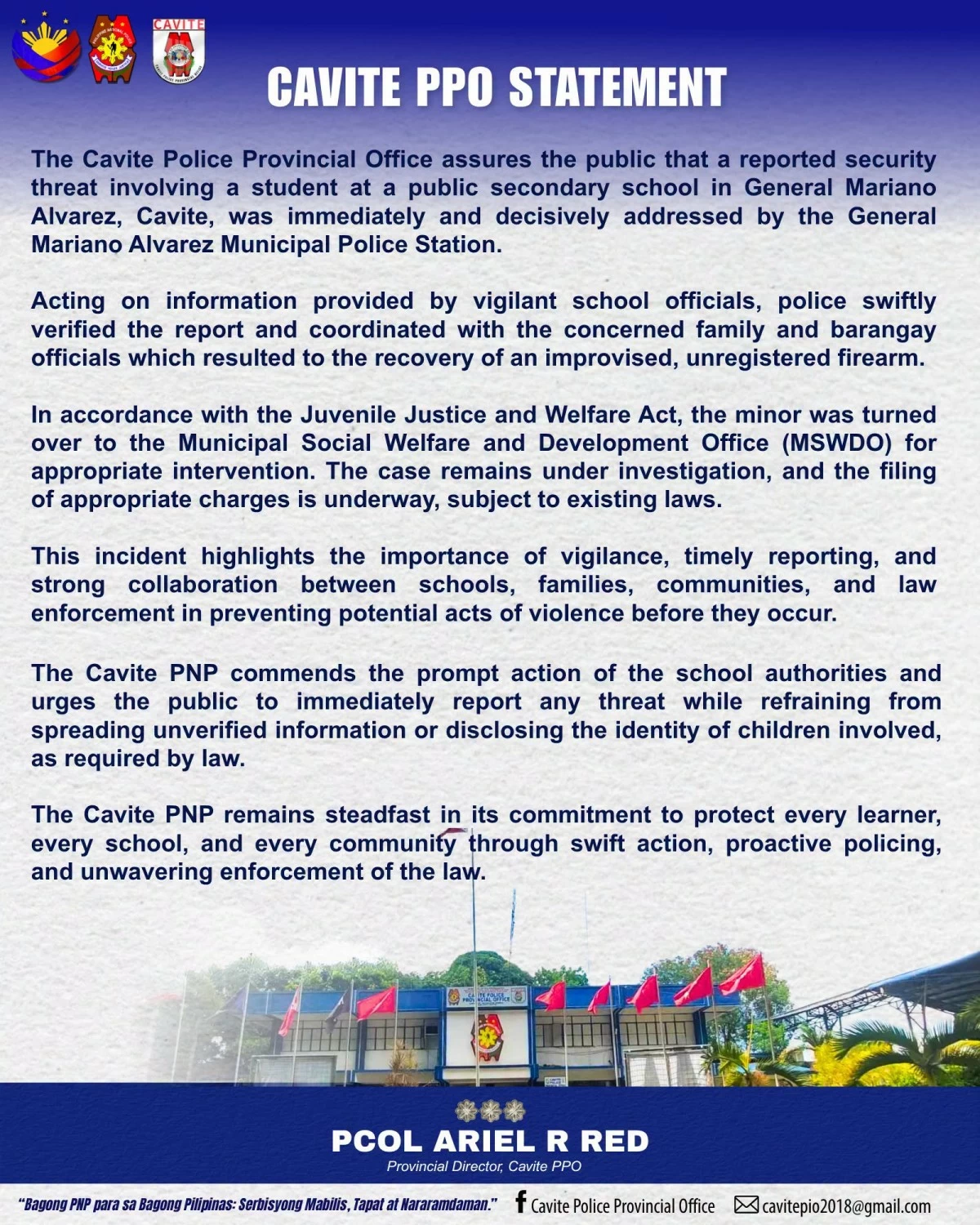 Cavite PPO's statement about the foiled school shooting at GMA, Cavite (Image from Cavite PPO/MANILA BULLETIN)