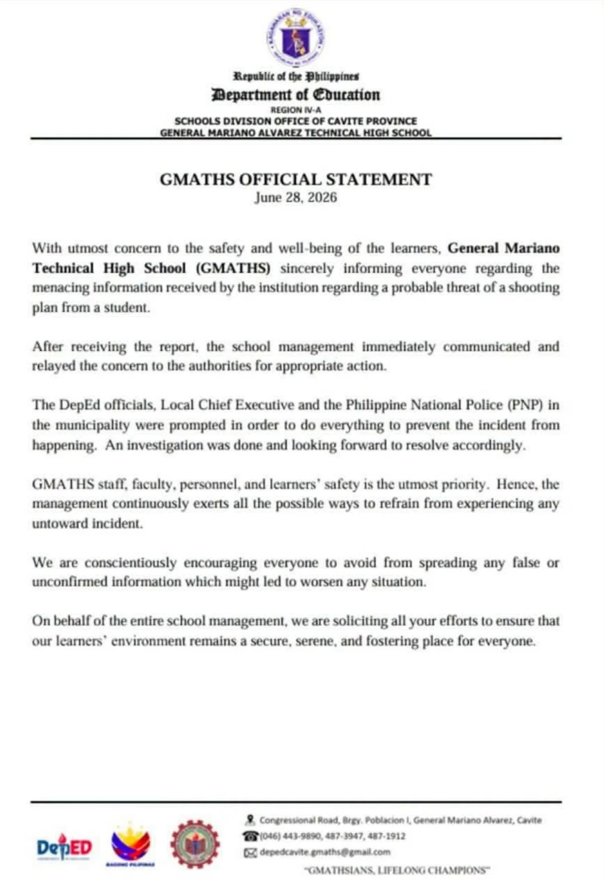 GMATHS' statement about the foiled school shooting (Image from Public Information Office - GMA, Cavite's Facebook page/MANILA BULLETIN)