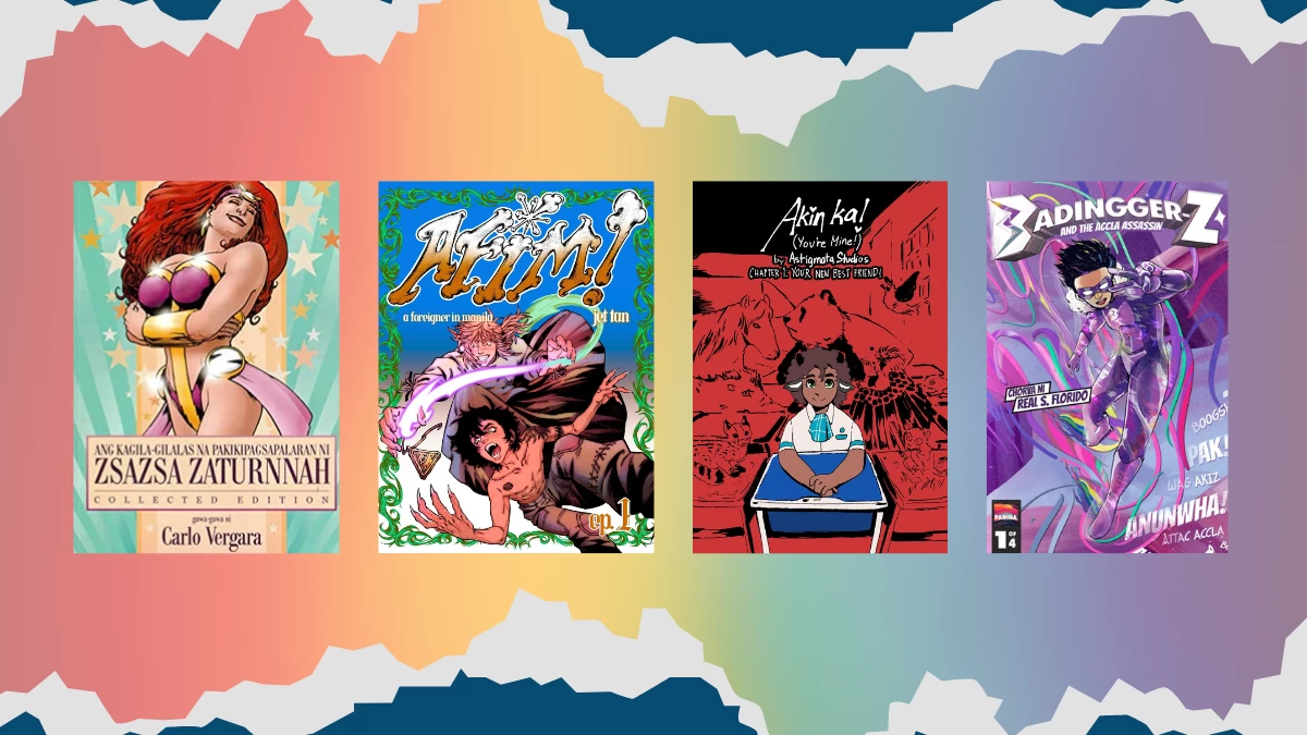 PRIDE KOMIKS (From left) 'Ang Kagila-gilagas na Pakikipagsapalaran ni Zsazsa Zaturnnah' by Carlo Vergara, 'AFIM (A Foreigner in Manila)' by Jet Tan, 'Akin Ka! (You're Mine!)' by Astigmata Studios, and 'Badingger-Z' by Real S. Florido