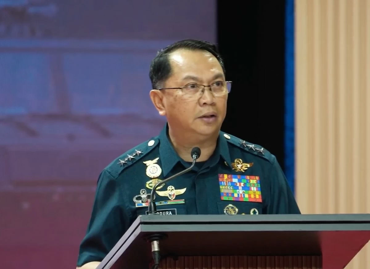 Lt. Gen. Arthur M. Cordura,  commanding general of the Philippine Air Force (PAF), delivers his speech during the PAF's 79th anniversary at Colonel Jesus Villamor Air Base in Pasay City on July 1, 2026. (Courtesy of PAF)
