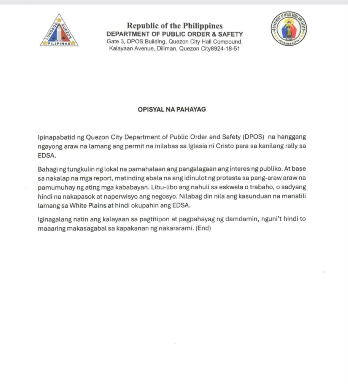 An official statement from the Quezon City Department of Public Order and Safety (DPOS) announces the revocation of the permit for the third day of the Iglesia Ni Cristo (INC) rally. (Photo from QC DPOS)