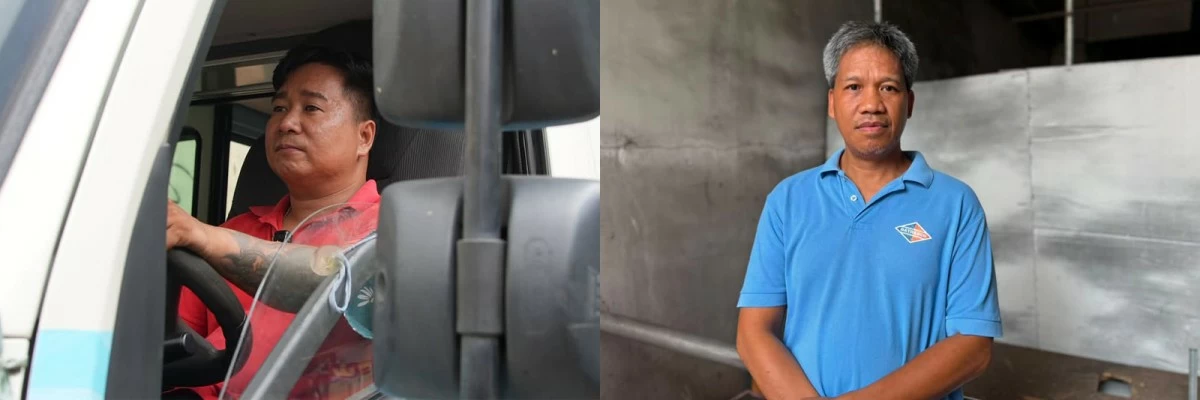 From left: Loreto, 42, and Alberto, 51, say that receiving financial aid via e-wallets has allowed them to stay on the road and earn money instead of lining up.
