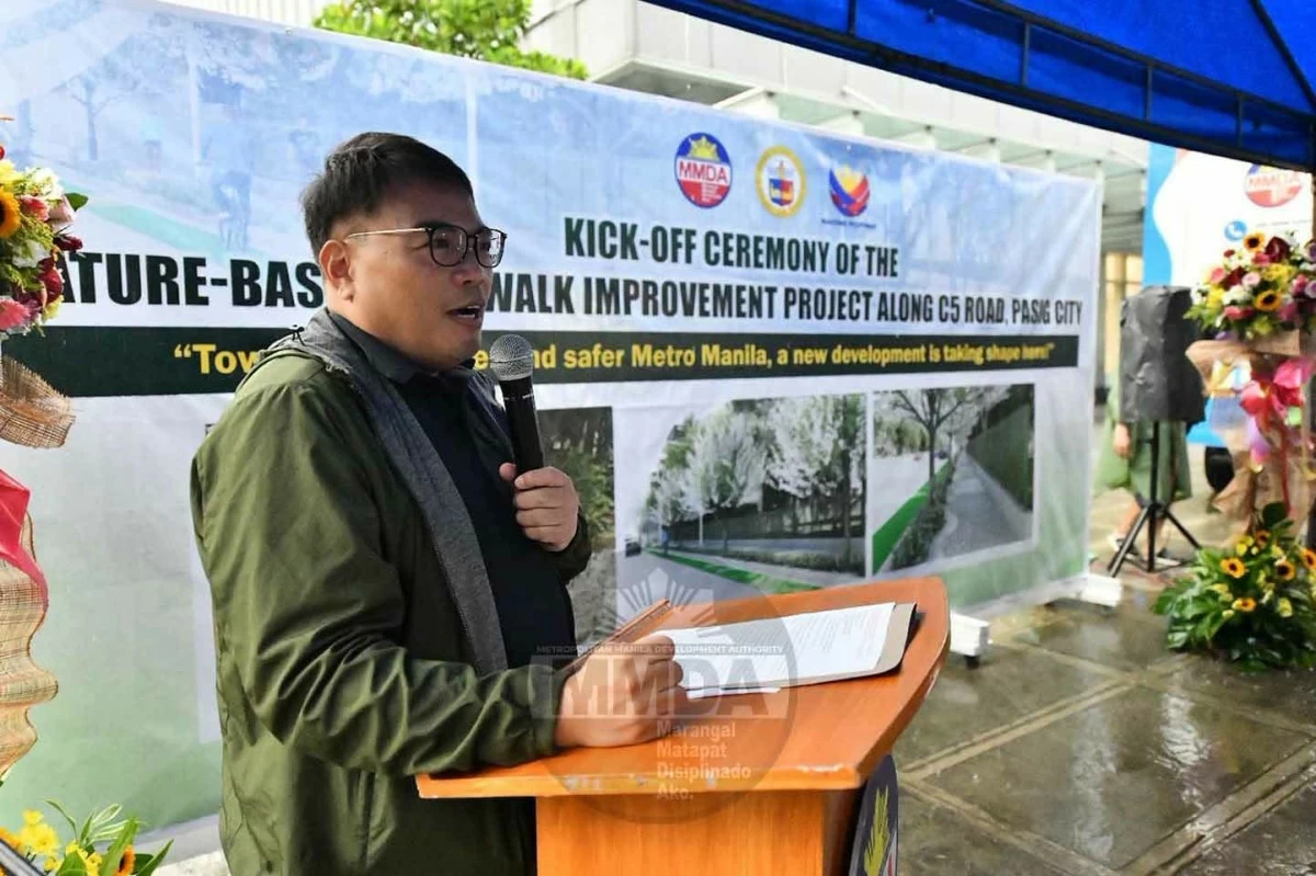 MMDA Chairman Atty. Don Artes speaks during the kick-off ceremony of the Nature-Based Sidewalk Improvement Project along C-5 Road.