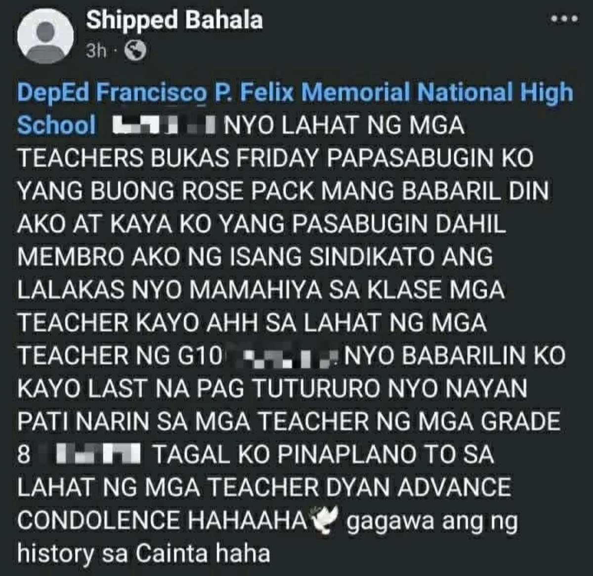 A screengrab of the online bomb and shooting threat posted by the Facebook account 