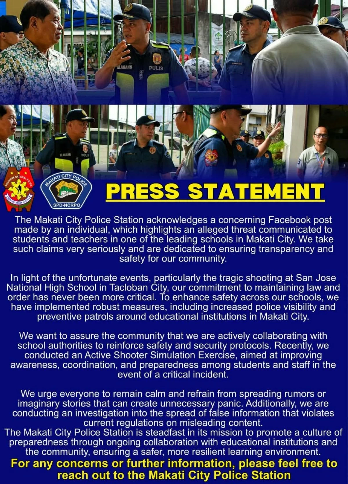 The Makati City Police Station releases a statement on an alleged online post threatening students and teachers at one of the city's schools. (Photo from Makati CPS)
