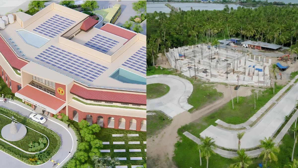 Artist’s perspective (left) and ongoing construction of the UP PSAE at the Agriya township, set for completion in 2027.  (Photo: Damosa Land)