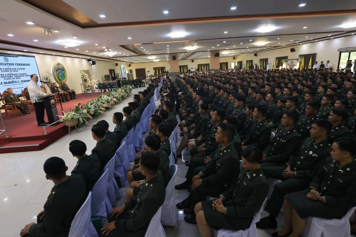 Department of National Defense (DND) Secretary Gilberto C. Teodoro Jr. calls on the newest batch of Philippine Army officers to uphold duty to nation during the graduation ceremony of Officer Candidate Course (OCC) "GUNDAWAY" Class 64 and OCC-ROTC "TALAGILAB" Class 03 at the Training Command in Capas, Tarlac on July 4, 2026. (Photo: Philippine Army)