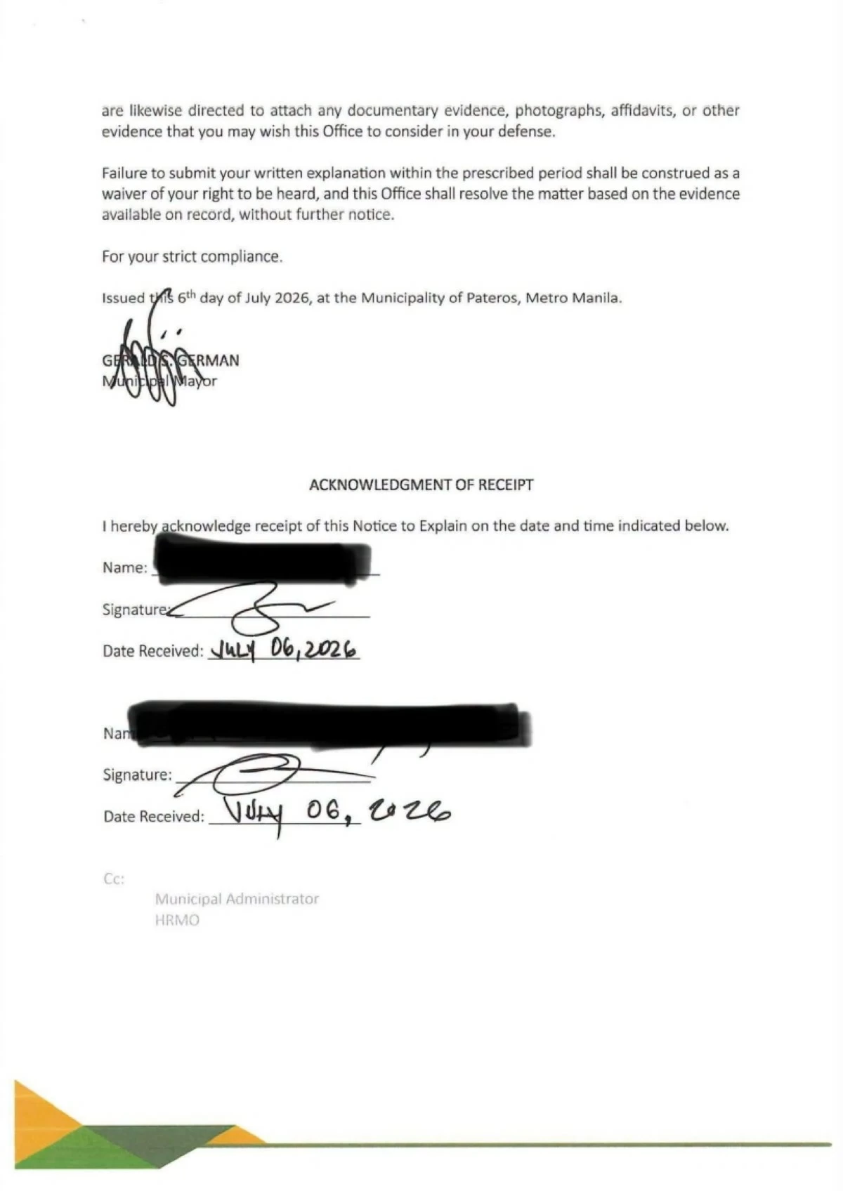 The letter of Pateros Mayor Gerald German to the two enforcers (Photo from the Municipality of Pateros' Facebook page)  
