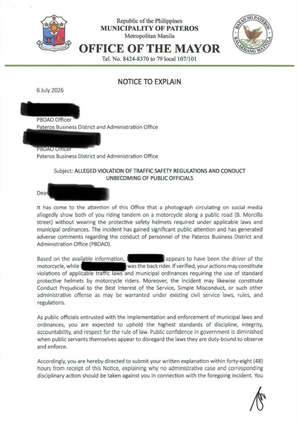 The letter of Pateros Mayor Gerald German to the two enforcers (Photo from the Municipality of Pateros' Facebook page)