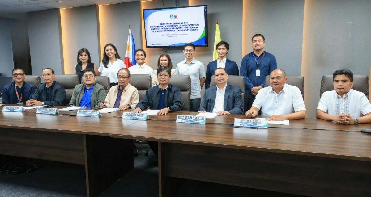 The National Irrigation Administration (NIA) signed a Memorandum of Agreement (MOA) with the First Gen group to proceed with the development, construction, and operation of the Aya Pumped-Storage Hydro facility in Nueva Ecija. The project aims to generate 120 megawatts of renewable energy and support farmland irrigation requirements. The MOA was signed by NIA officials (seated L to R) Engineers Ronaldo Salazar, and Alvin Manuel of the Upper Pampanga River Integrated Irrigation Systems; Deputy Administrator Robert Victor Seares, Jr.; Senior Deputy Administrator Engr. Robert Suguitan; and Administrator Engr. Eddie Guillen; with First Gen Senior Vice President Dennis Michael Gonzales and Assistant Vice President Ronaldo Sabella; and witnessed by the First Gen Hydro team (standing)