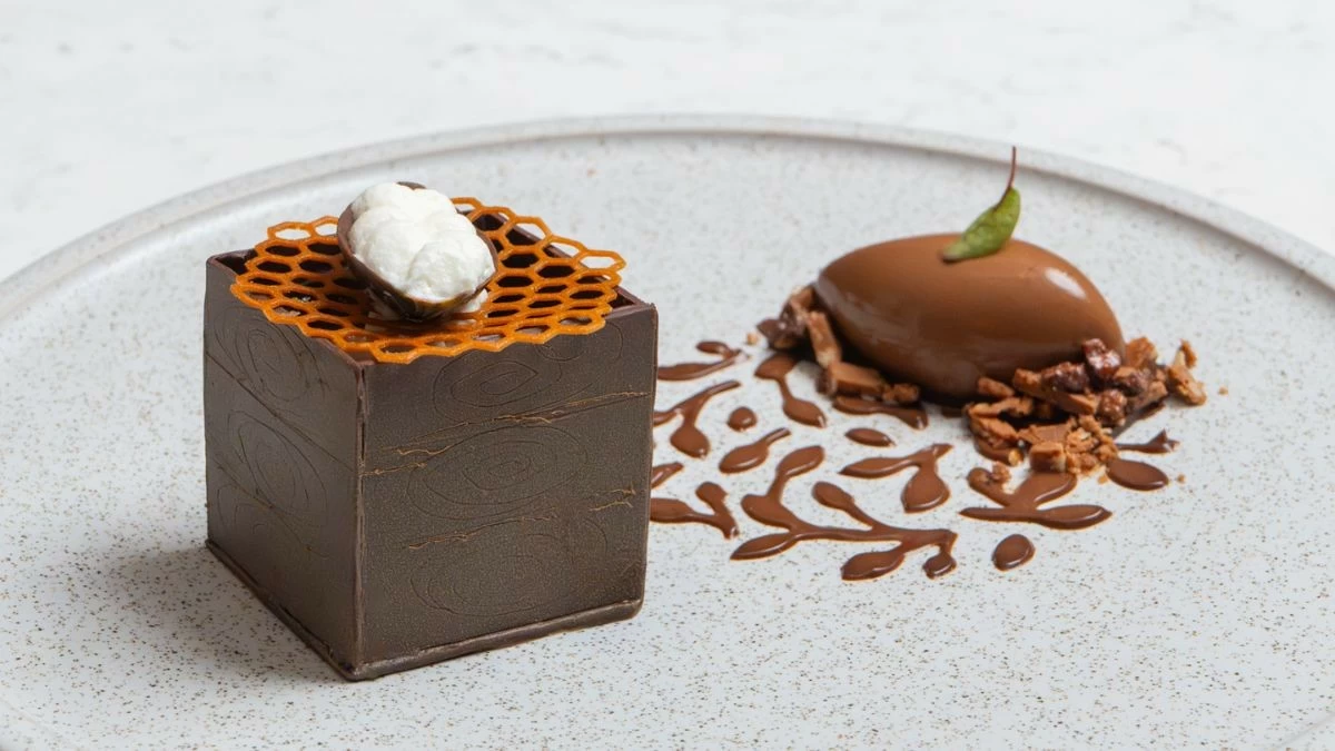 SWEET TEXTURES Guava-mango confit, lakatan sponge cake, tablea gelato, and three Philippine cacao chocolate textures showcase the conching stage of chocolate making(Photo: The Westin Manila)