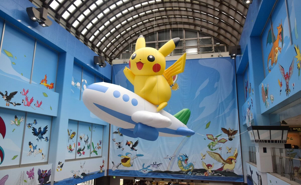 An airplane-shaped balloon with Pikachu on it is hung from the ceiling at Noto Airport in Wajima, Ishikawa Prefecture, central Japan, which is given the nickname Noto Satoyama Pokemon with You Airport on Tuesday.