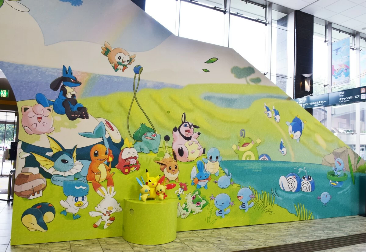A painting of many Pocket Monster characters in natural scenery of the Noto Peninsula in Ishikawa Prefecture, central Japan, is placed on the arrival lobby of Noto Airport in the Ishikawa city of Wajima, which is given the nickname Noto Satoyama Pokemon with You Airport on Tuesday, as an encouragement for the reconstruction of the region hit hard by the January 2024 powerful earthquake.