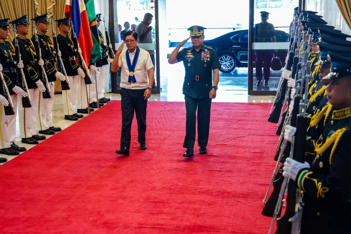 Commander-in-Chief, President Ferdinand R. Marcos Jr. (left) receives arrival honors rendered by the Armed Forces of the Philippines (AFP), led by AFP Chief of Staff Gen. Romeo S. Brawner Jr., during the 1st Semester CY 2026 AFP Command Conference held at Camp Aguinaldo in Quezon City on July 7, 2026. (Photo: AFP)