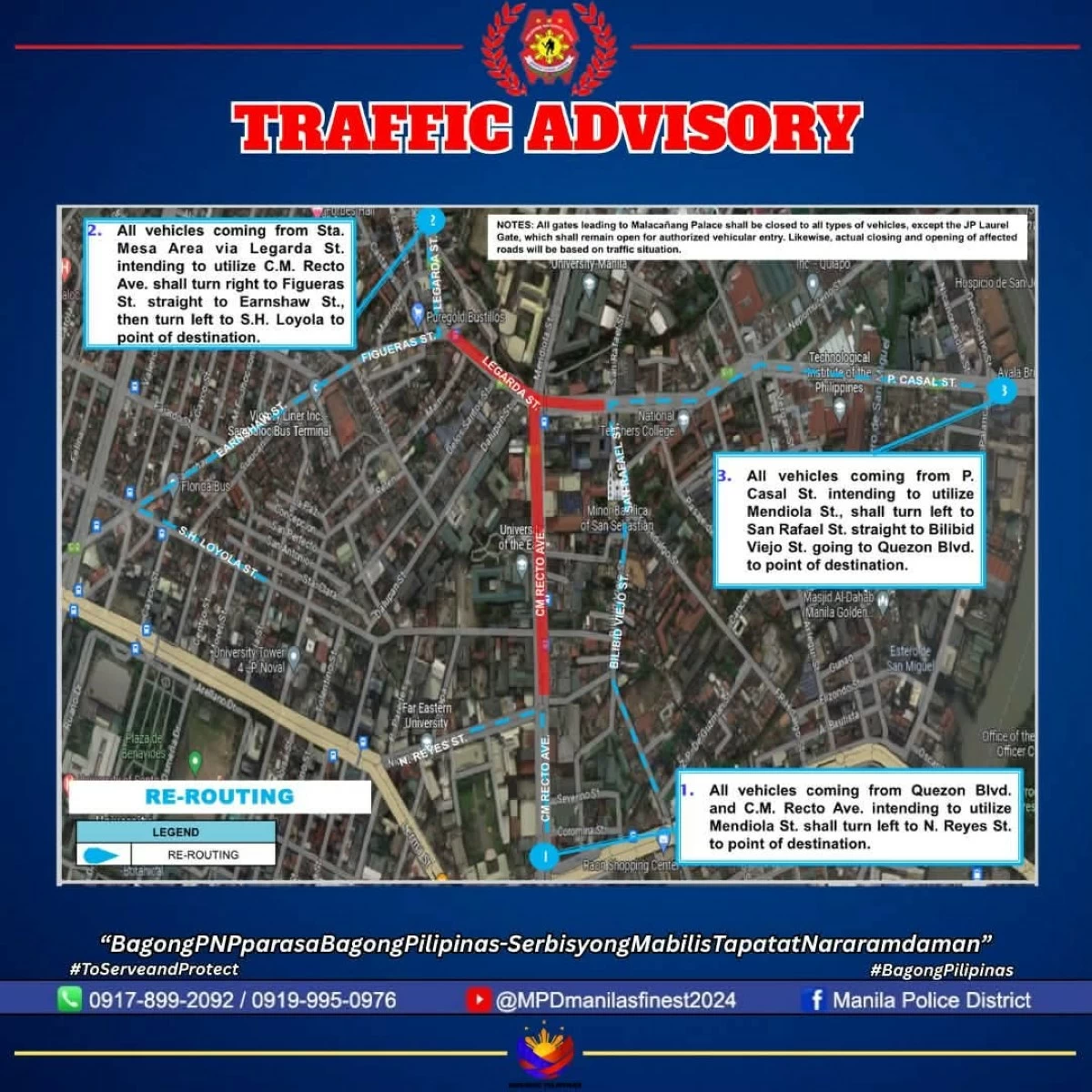 Road rerouting schemes will be implemented in several areas of Manila on Friday, July 10, to manage traffic during the projected United People's Initiative (UPI) rally. Motorists are advised to take alternate routes and follow traffic advisories. (Photos from Manila Police District)