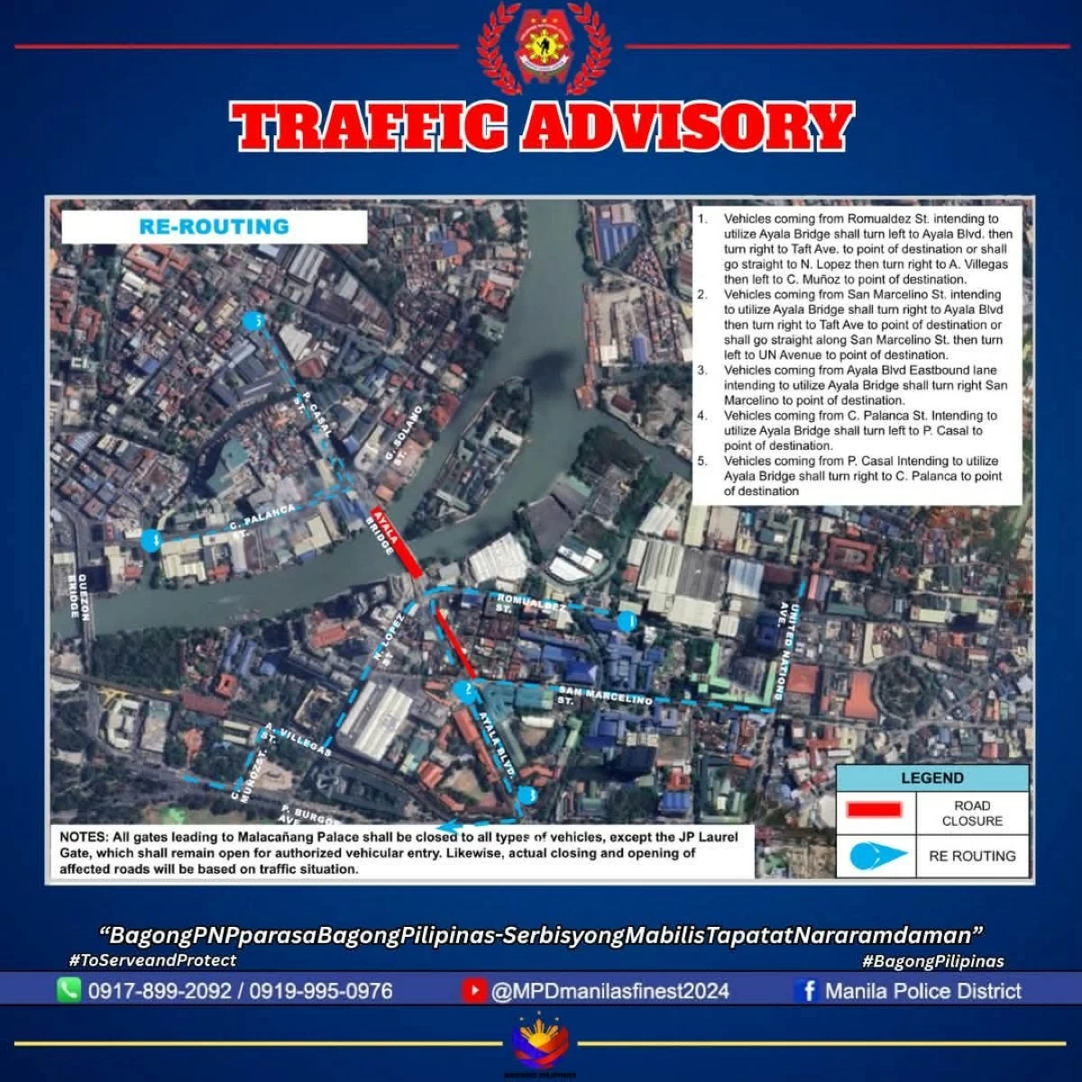 Road rerouting schemes will be implemented in several areas of Manila on Friday, July 10, to manage traffic during the projected United People's Initiative (UPI) rally. Motorists are advised to take alternate routes and follow traffic advisories. (Photos from Manila Police District)