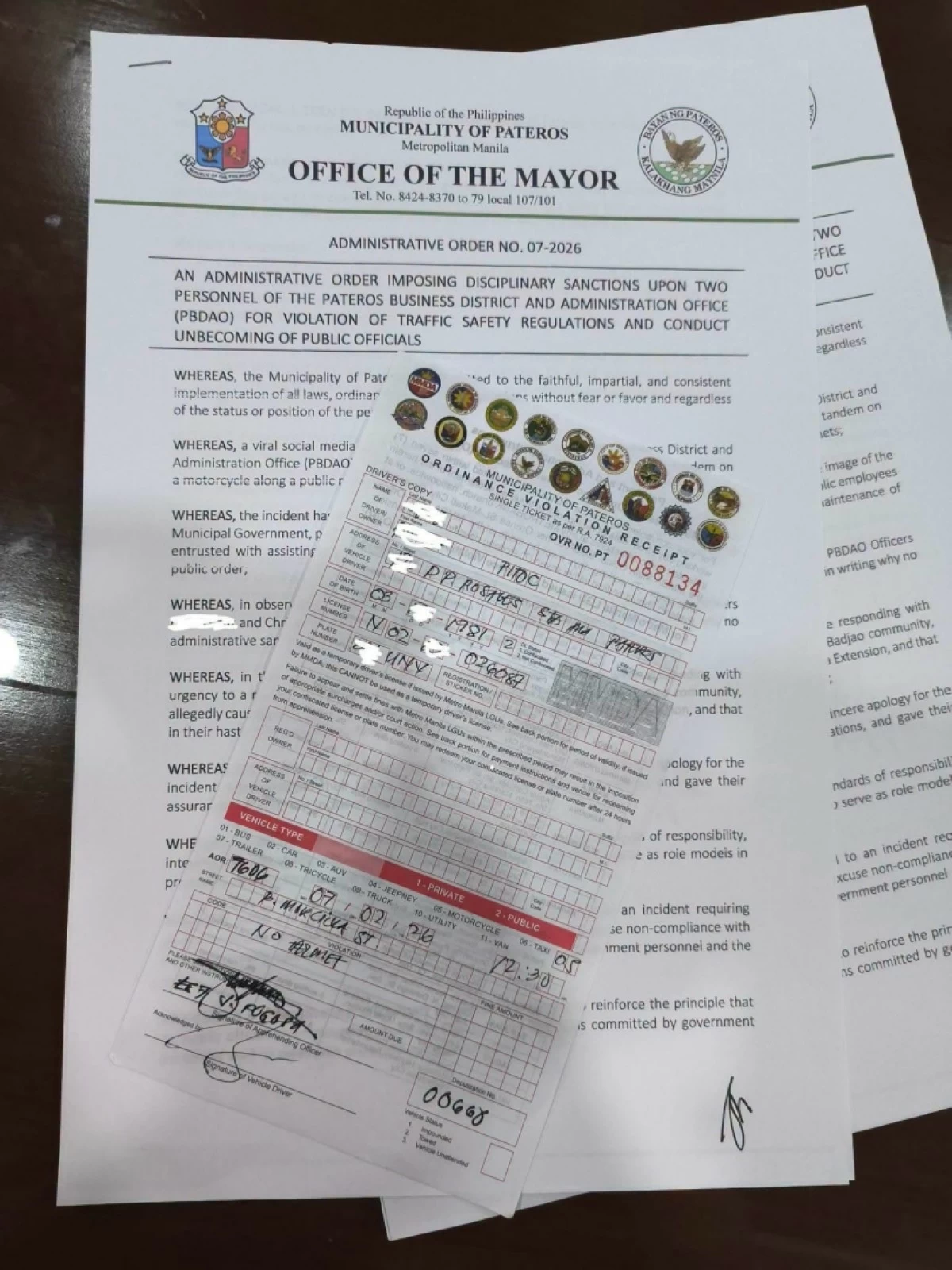 The administrative order issued by Pateros Mayor Gerald German imposing penalties on the two employees (Photo from the Pateros municipal government's Facebook page) 