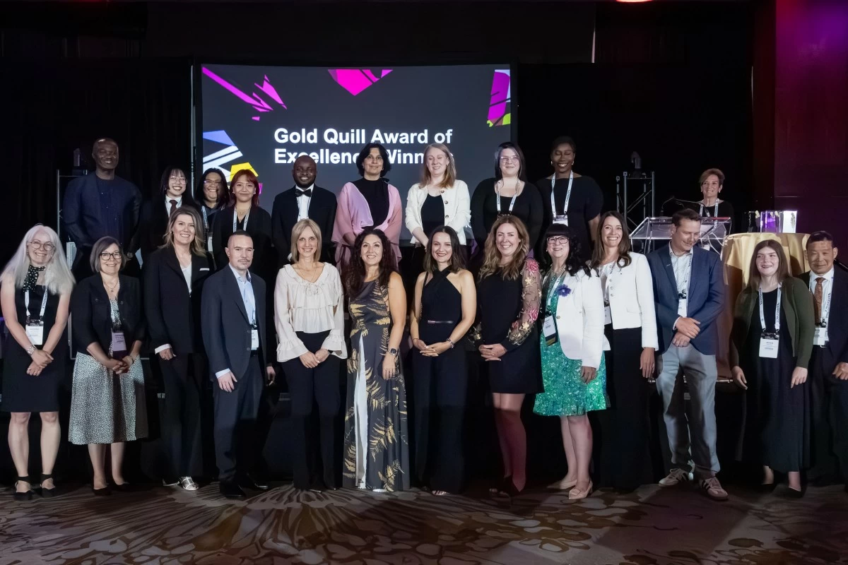 Representatives from the De La Salle-College of Saint Benilde (DLS-CSB) Student Publications Unit (SPU) join fellow Gold Quill awardees onstage during the International Association of Business Communicators (IABC) World Conference held in Toronto, Canada. 
